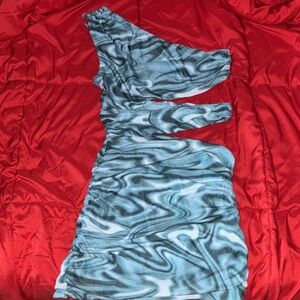 Elegant One-Shoulder Dress in Blue and Black